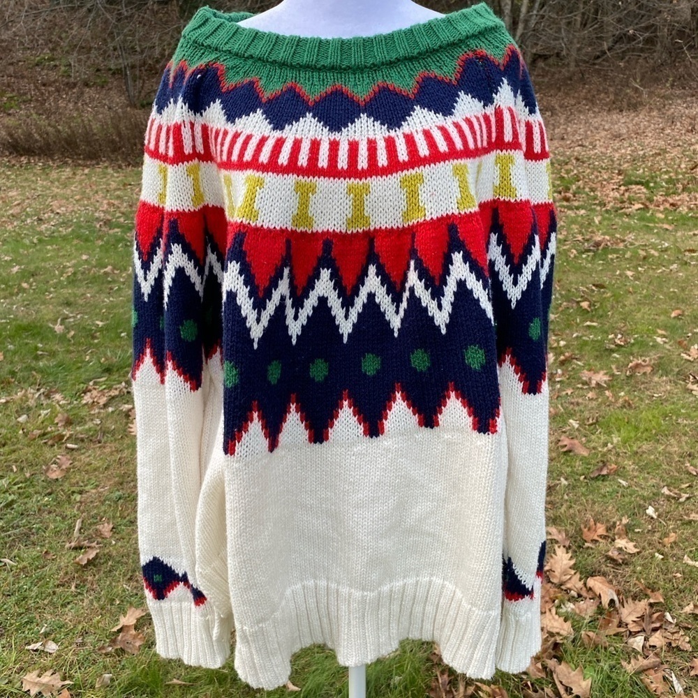 Aerie Fair Isle Sweater White Red Green Blue Womens 2XLarge